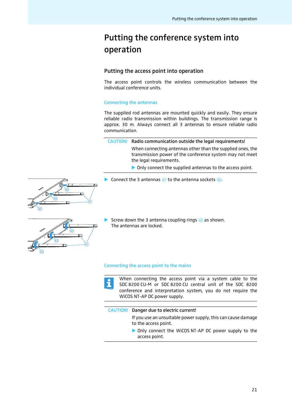 Putting the conference system into operation, Putting the access point into operation, Connecting the antennas | Connecting the access point to the mains | Sennheiser WiCOS User Manual | Page 23 / 92