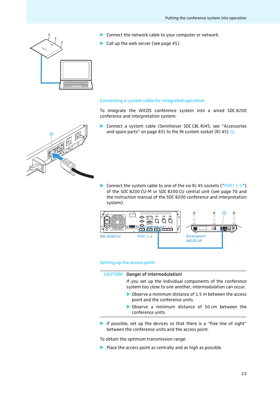 Connecting a system cable for integrated operation, Setting up the access point | Sennheiser WiCOS User Manual | Page 25 / 92