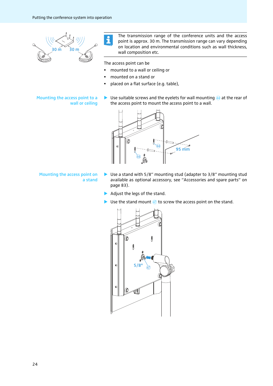 Mounting the access point to a wall or ceiling, Mounting the access point on a stand | Sennheiser WiCOS User Manual | Page 26 / 92