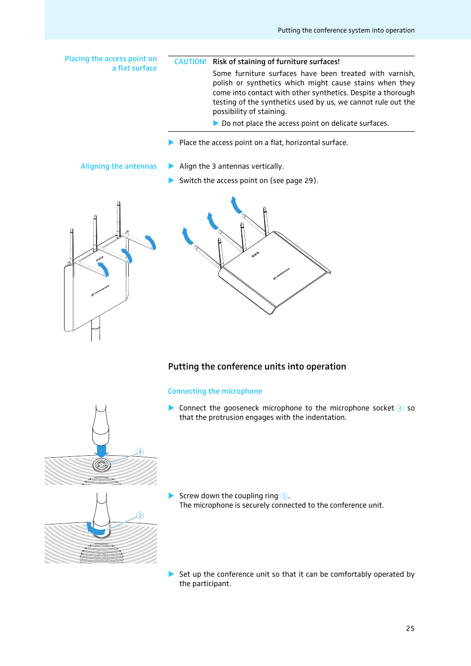 Placing the access point on a flat surface, Aligning the antennas, Putting the conference units into operation | Connecting the microphone | Sennheiser WiCOS User Manual | Page 27 / 92