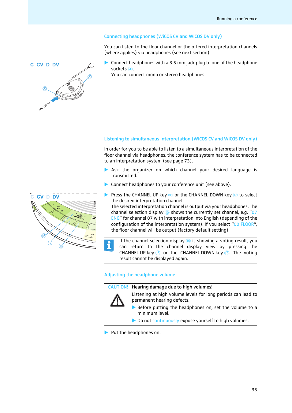 Connecting headphones (wicos cv and wicos dv only), Adjusting the headphone volume | Sennheiser WiCOS User Manual | Page 37 / 92