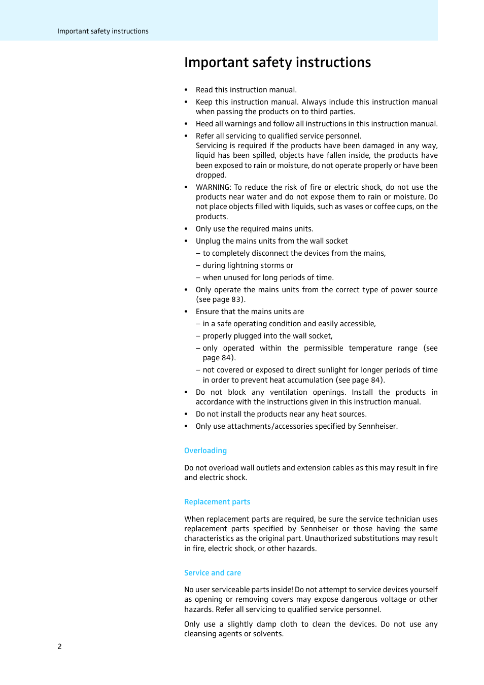 Important safety instructions, Overloading, Replacement parts | Service and care | Sennheiser WiCOS User Manual | Page 4 / 92