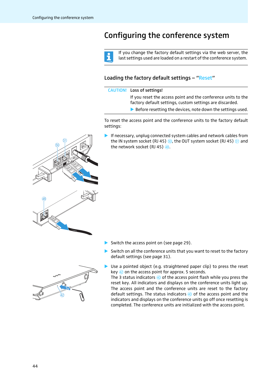 Configuring the conference system, Loading the factory default settings - “reset | Sennheiser WiCOS User Manual | Page 46 / 92