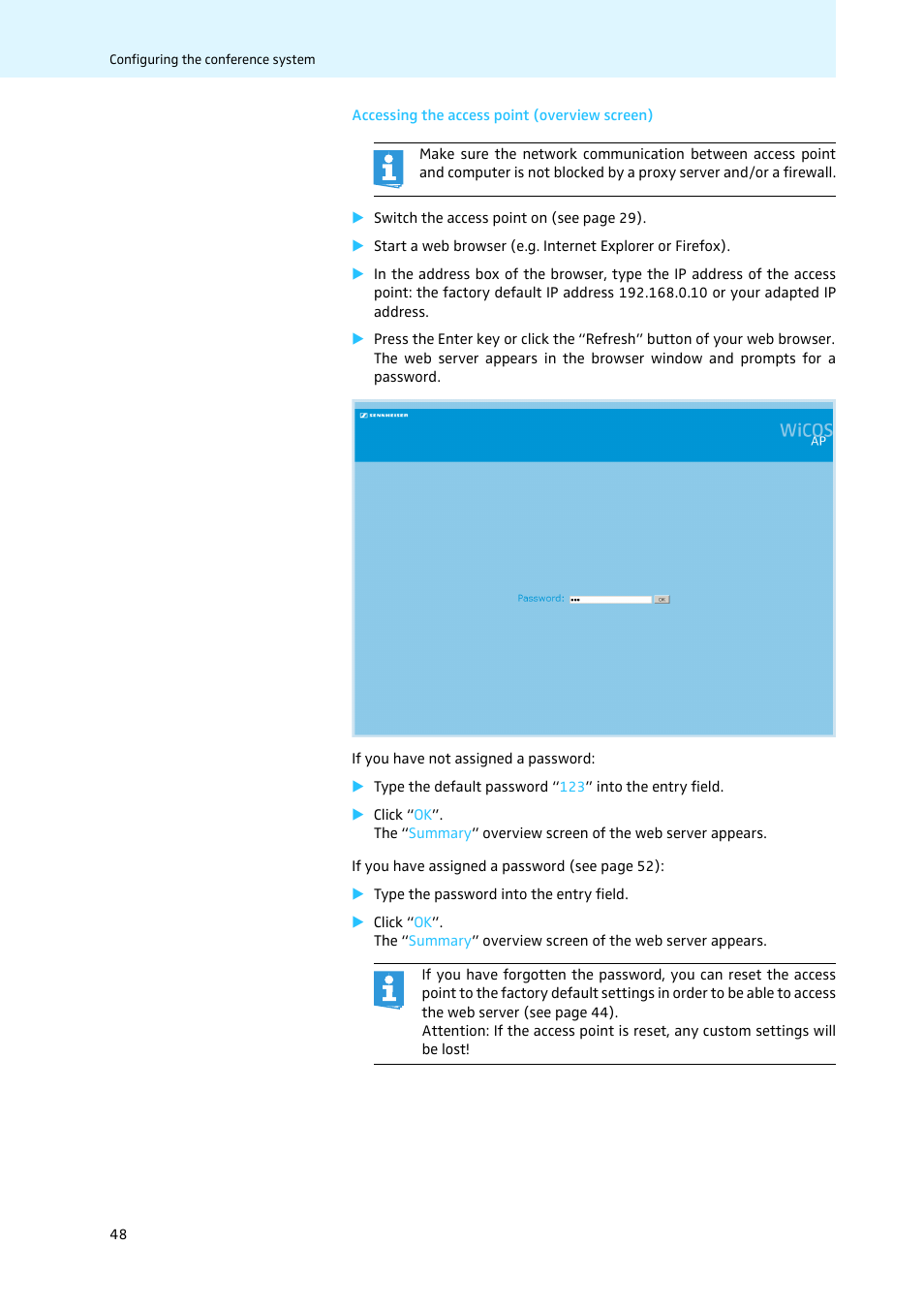 Accessing the access point (overview screen) | Sennheiser WiCOS User Manual | Page 50 / 92