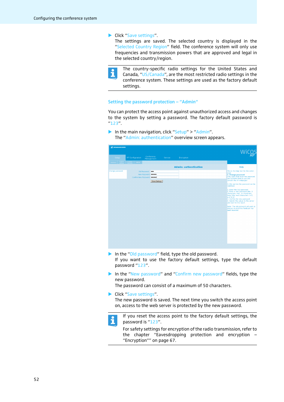 Setting the password protection - “admin | Sennheiser WiCOS User Manual | Page 54 / 92