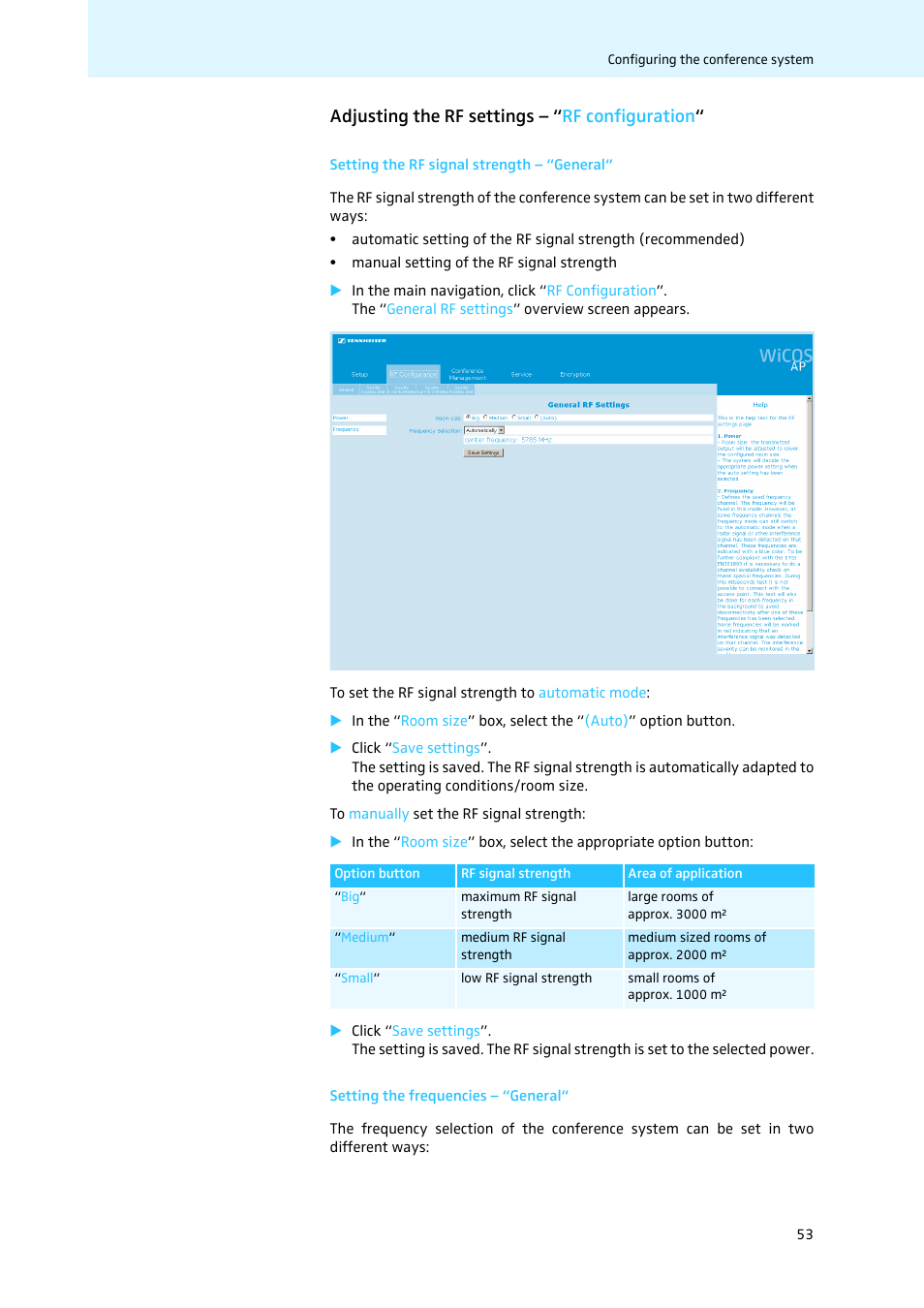 Adjusting the rf settings - “rf configuration, Setting the rf signal strength - “general, Setting the frequencies - “general | Adjusting the rf settings – “ rf configuration | Sennheiser WiCOS User Manual | Page 55 / 92