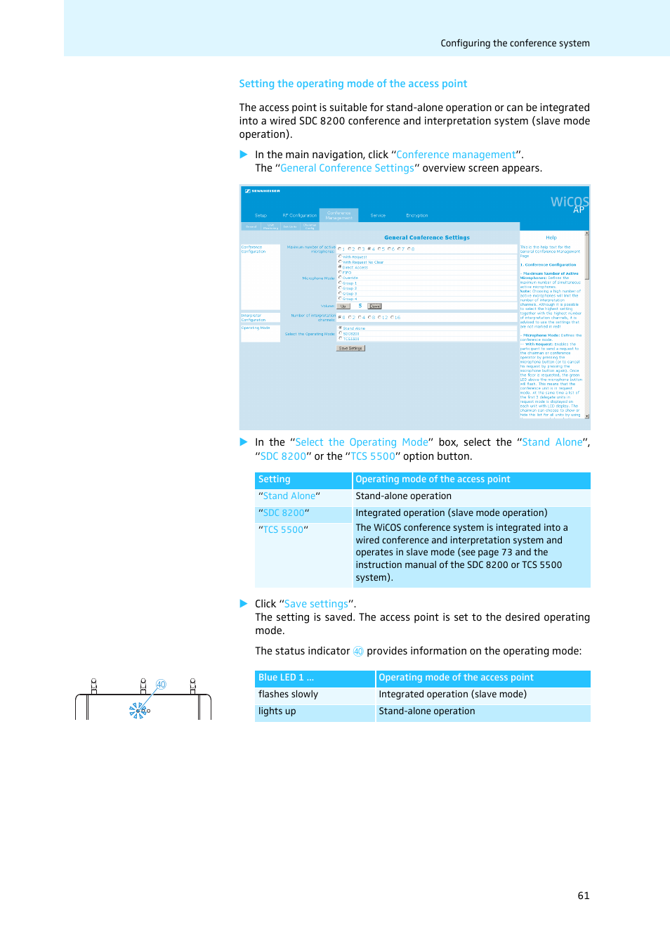 Setting the operating mode of the access point | Sennheiser WiCOS User Manual | Page 63 / 92