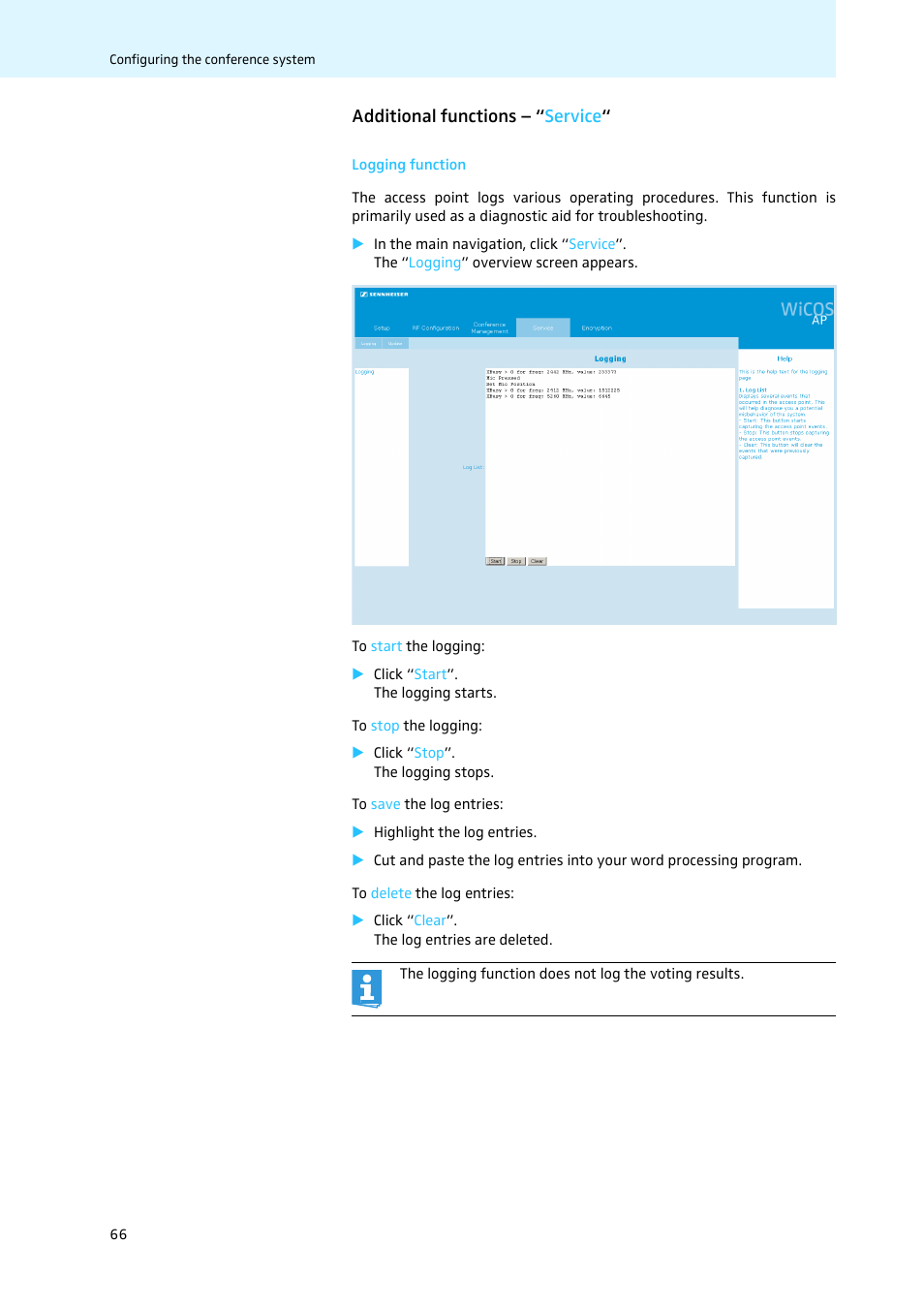 Additional functions - “service, Logging function, Additional functions – “ service | Sennheiser WiCOS User Manual | Page 68 / 92