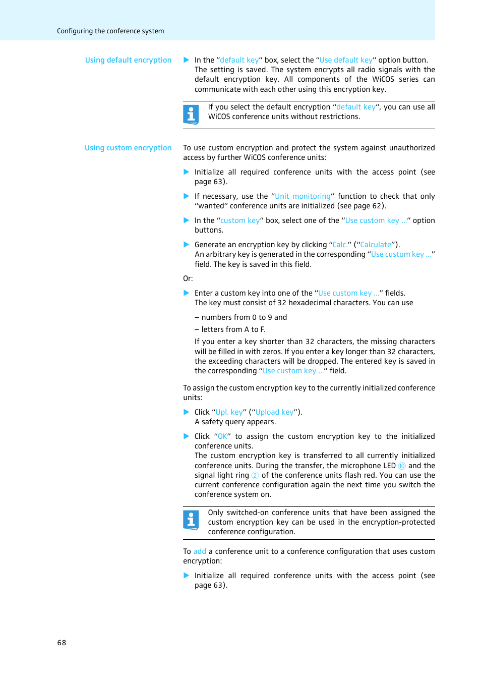Using default encryption, Using custom encryption | Sennheiser WiCOS User Manual | Page 70 / 92