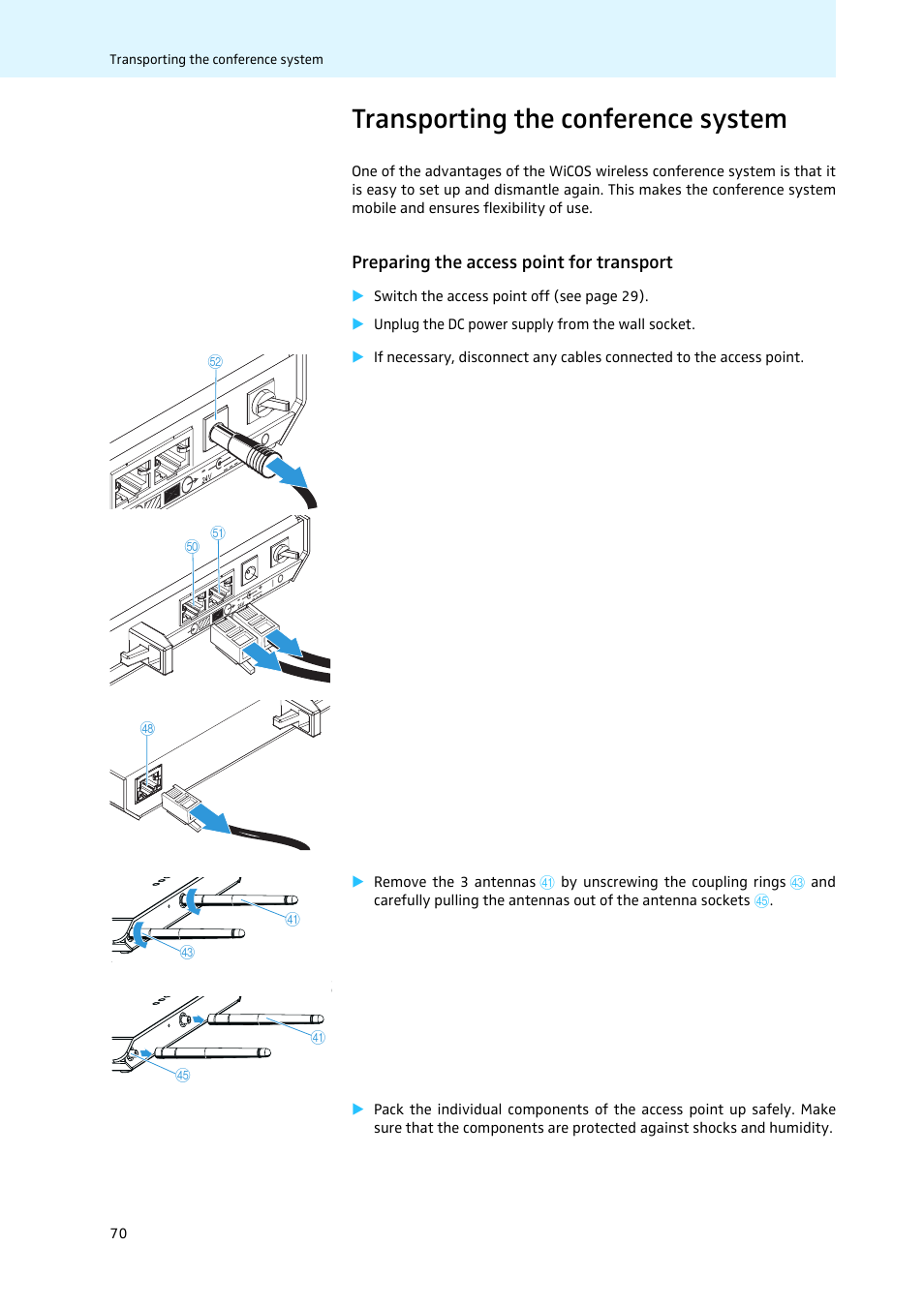 Transporting the conference system, Preparing the access point for transport | Sennheiser WiCOS User Manual | Page 72 / 92