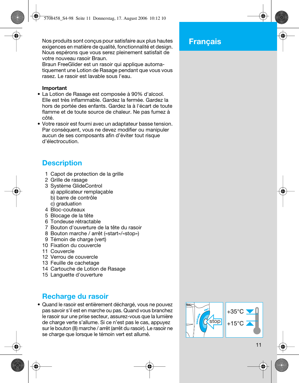 Français, Description, Recharge du rasoir | Braun 6610 User Manual | Page 11 / 95