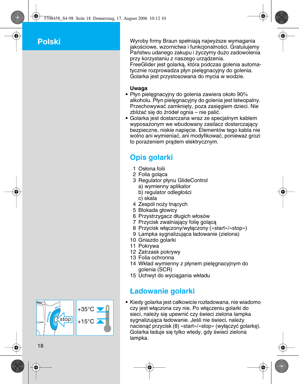 Polski, Opis golarki, Adowanie golarki | Braun 6610 User Manual | Page 18 / 95