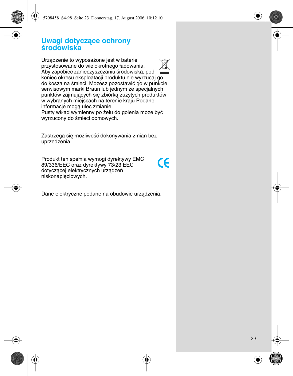 Uwagi dotyczàce ochrony êrodowiska | Braun 6610 User Manual | Page 23 / 95