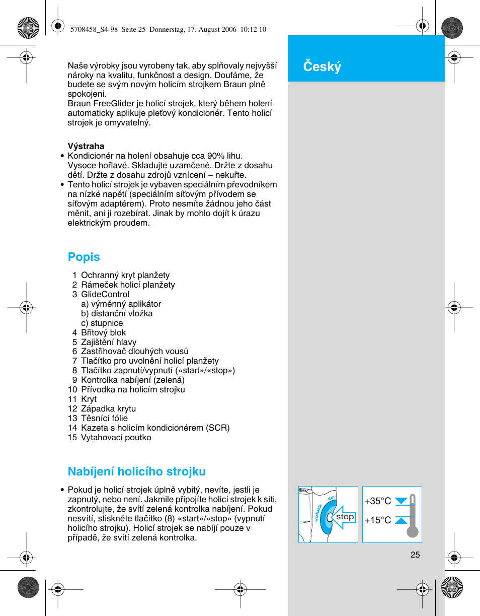 Âesk, Popis, Nabíjení holicího strojku | Braun 6610 User Manual | Page 25 / 95