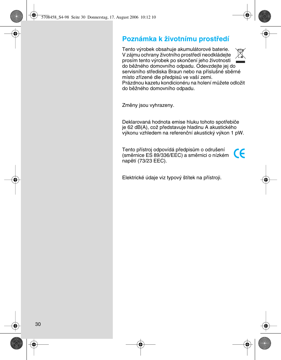Poznámka k ïivotnímu prostﬁedí | Braun 6610 User Manual | Page 30 / 95