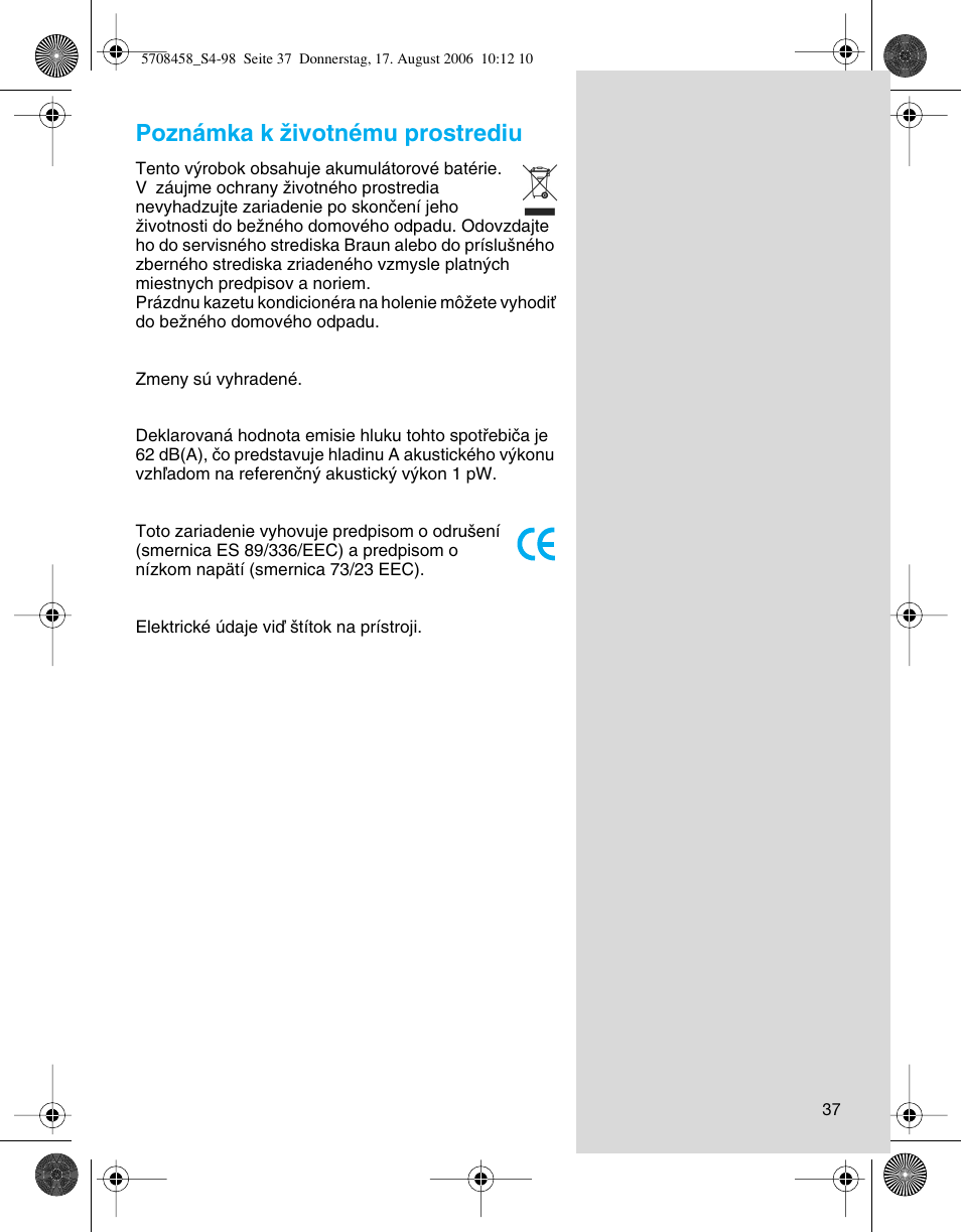 Poznámka k ïivotnému prostrediu | Braun 6610 User Manual | Page 37 / 95