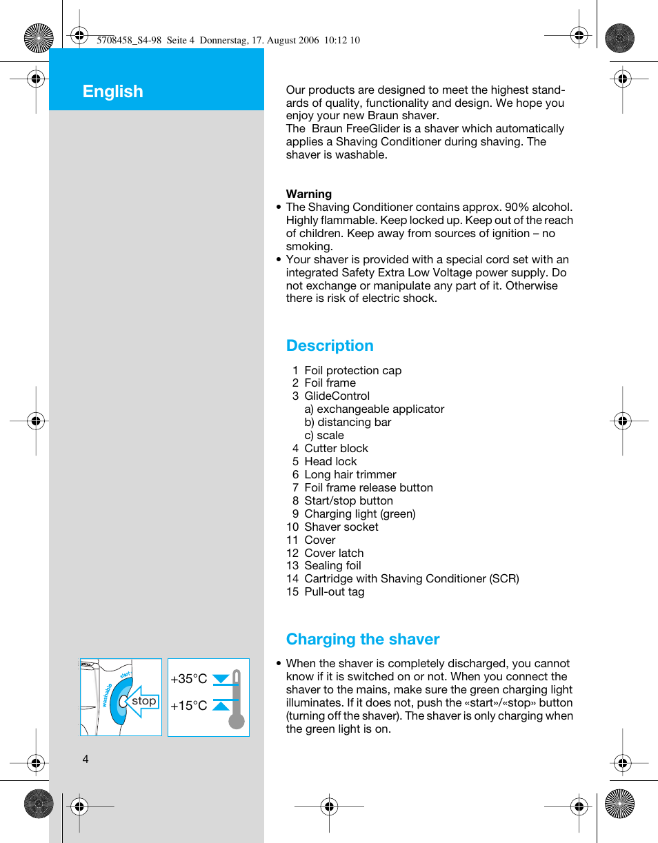 English, Description, Charging the shaver | Braun 6610 User Manual | Page 4 / 95