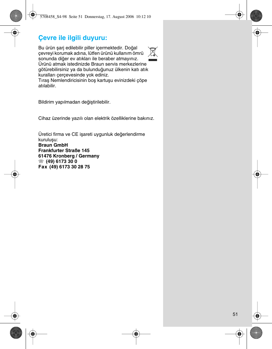 Çevre ile ilgili duyuru | Braun 6610 User Manual | Page 51 / 95