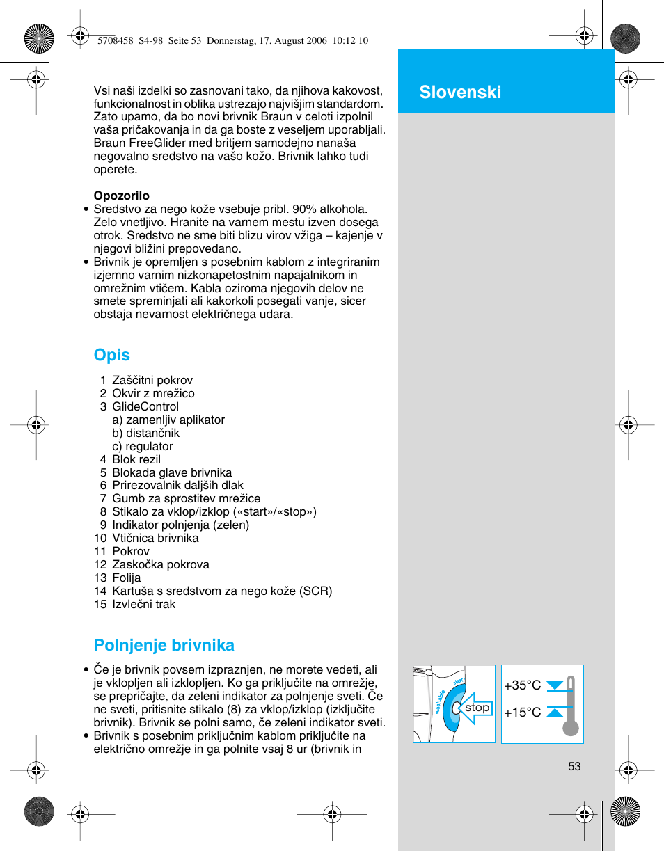 Slovenski, Opis, Polnjenje brivnika | Braun 6610 User Manual | Page 53 / 95