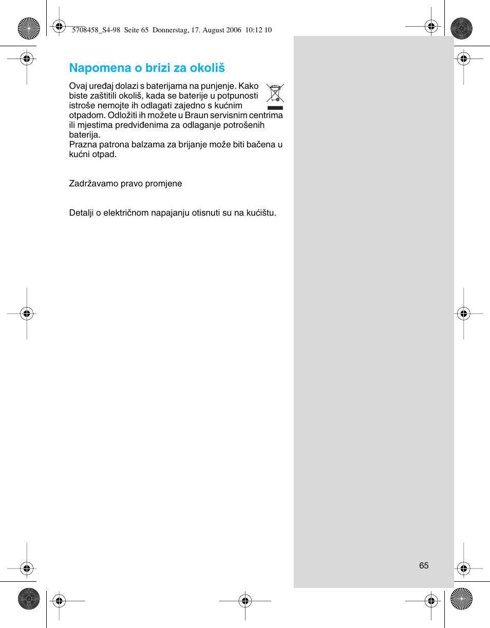 Napomena o brizi za okoli | Braun 6610 User Manual | Page 65 / 95