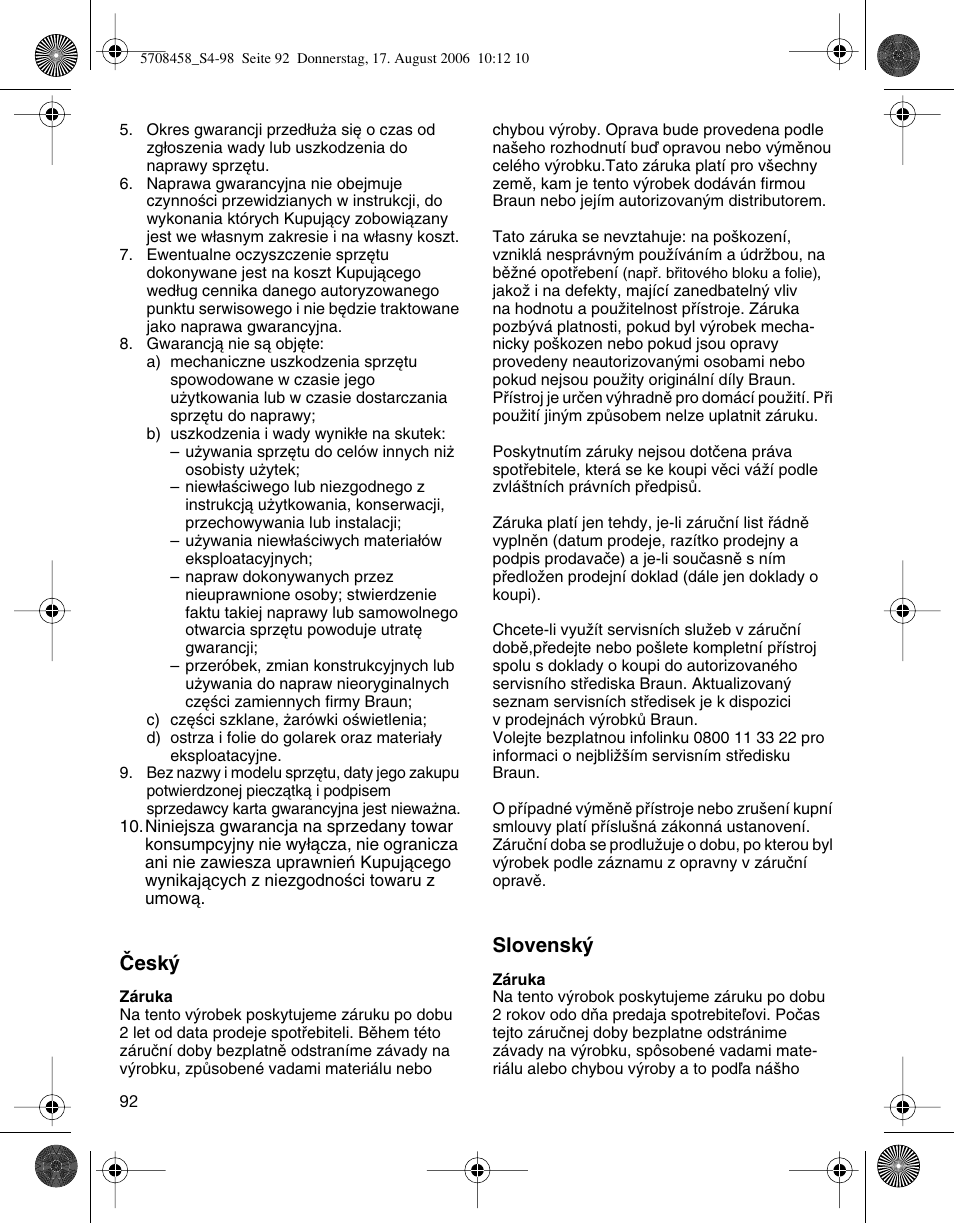 Âesk, Slovensk | Braun 6610 User Manual | Page 92 / 95
