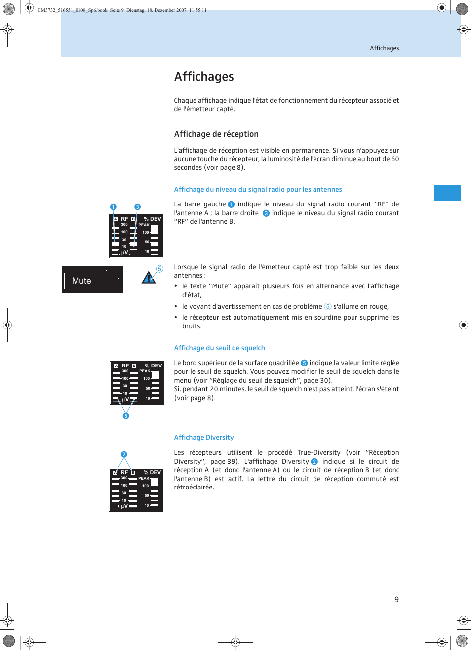 Affichages, Affichage de réception, Mute | Sennheiser EM 3732 User Manual | Page 101 / 269