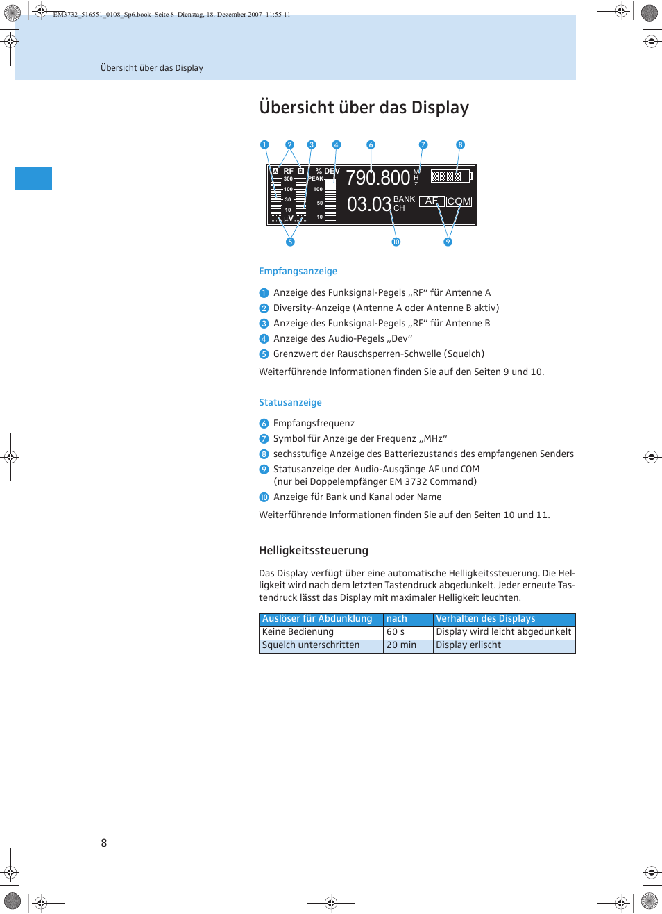 Übersicht über das display, Helligkeitssteuerung | Sennheiser EM 3732 User Manual | Page 12 / 269