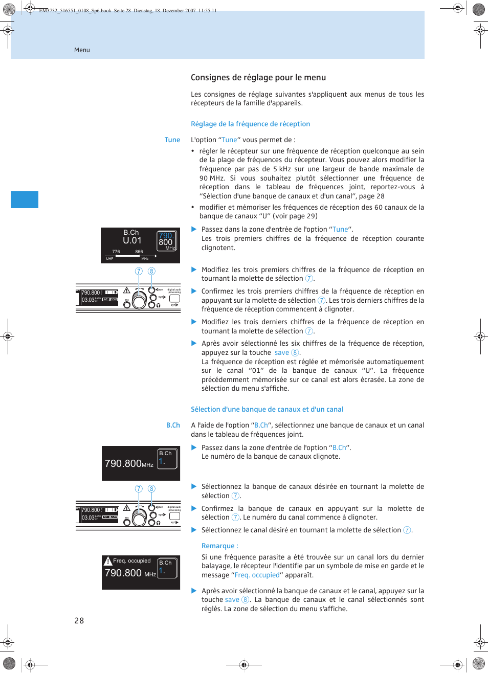 Consignes de réglage pour le menu, U.01 | Sennheiser EM 3732 User Manual | Page 120 / 269