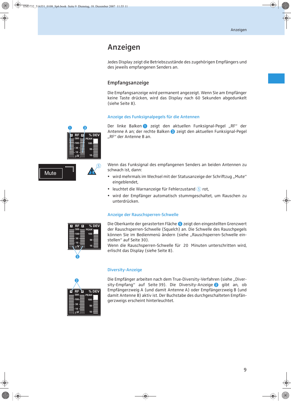 Anzeigen, Empfangsanzeige, Mute | Sennheiser EM 3732 User Manual | Page 13 / 269