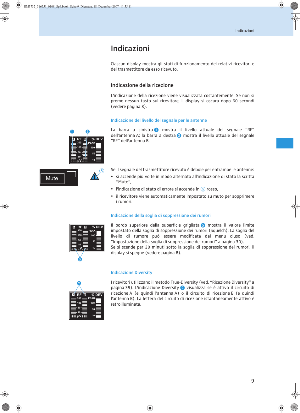 Indicazioni, Indicazione della ricezione, Mute | Sennheiser EM 3732 User Manual | Page 145 / 269