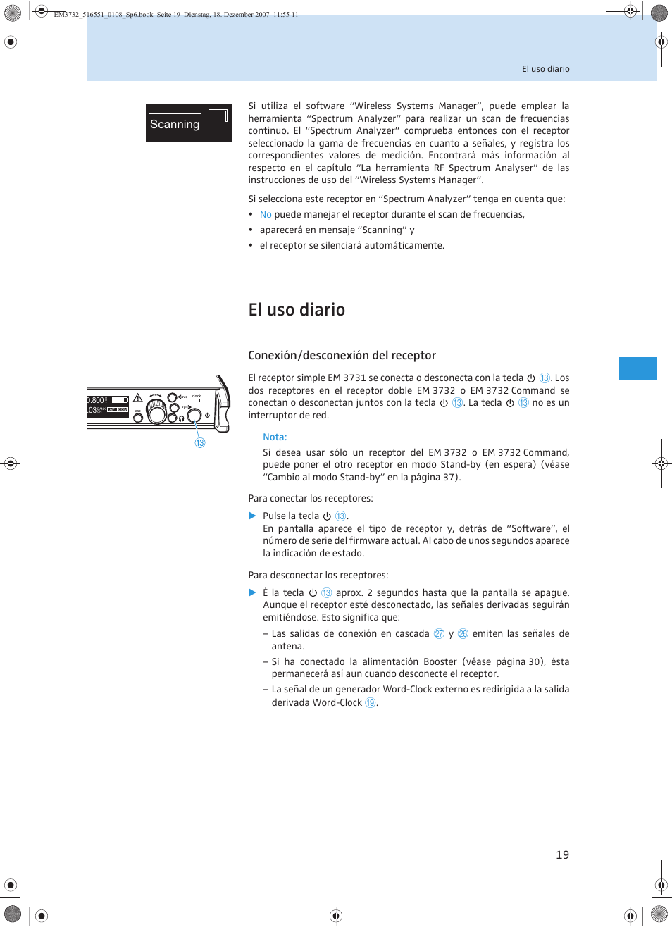 El uso diario, Conexión/desconexión del receptor, Scanning | Sennheiser EM 3732 User Manual | Page 199 / 269