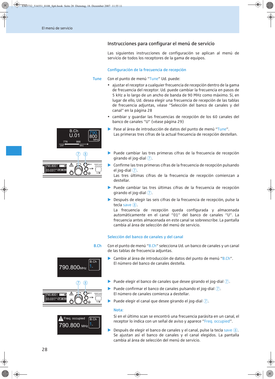 Instrucciones para configurar el menú de servicio, U.01 | Sennheiser EM 3732 User Manual | Page 208 / 269