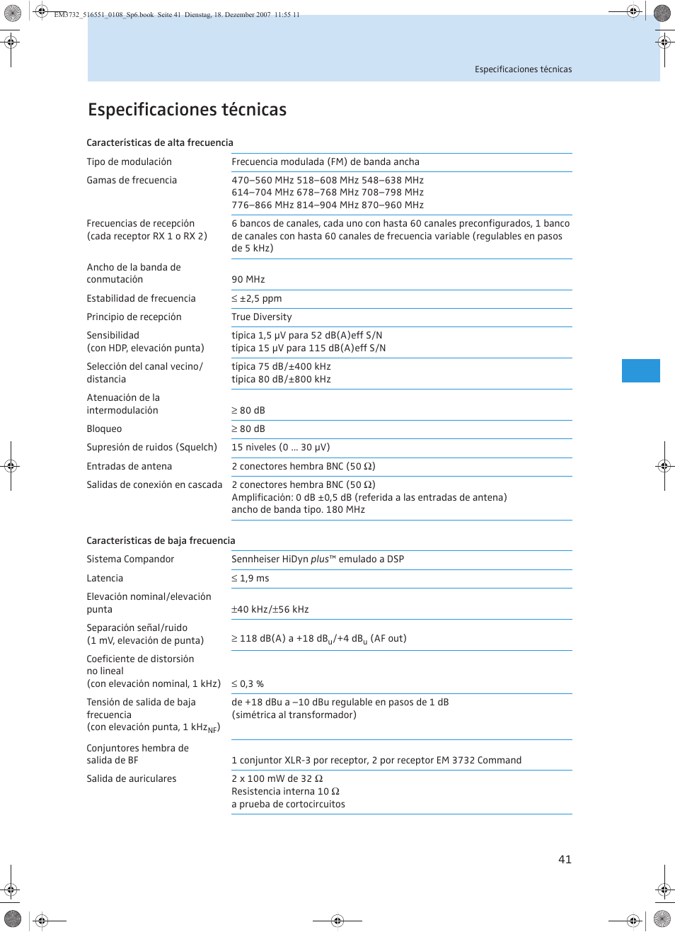 Especificaciones técnicas | Sennheiser EM 3732 User Manual | Page 221 / 269
