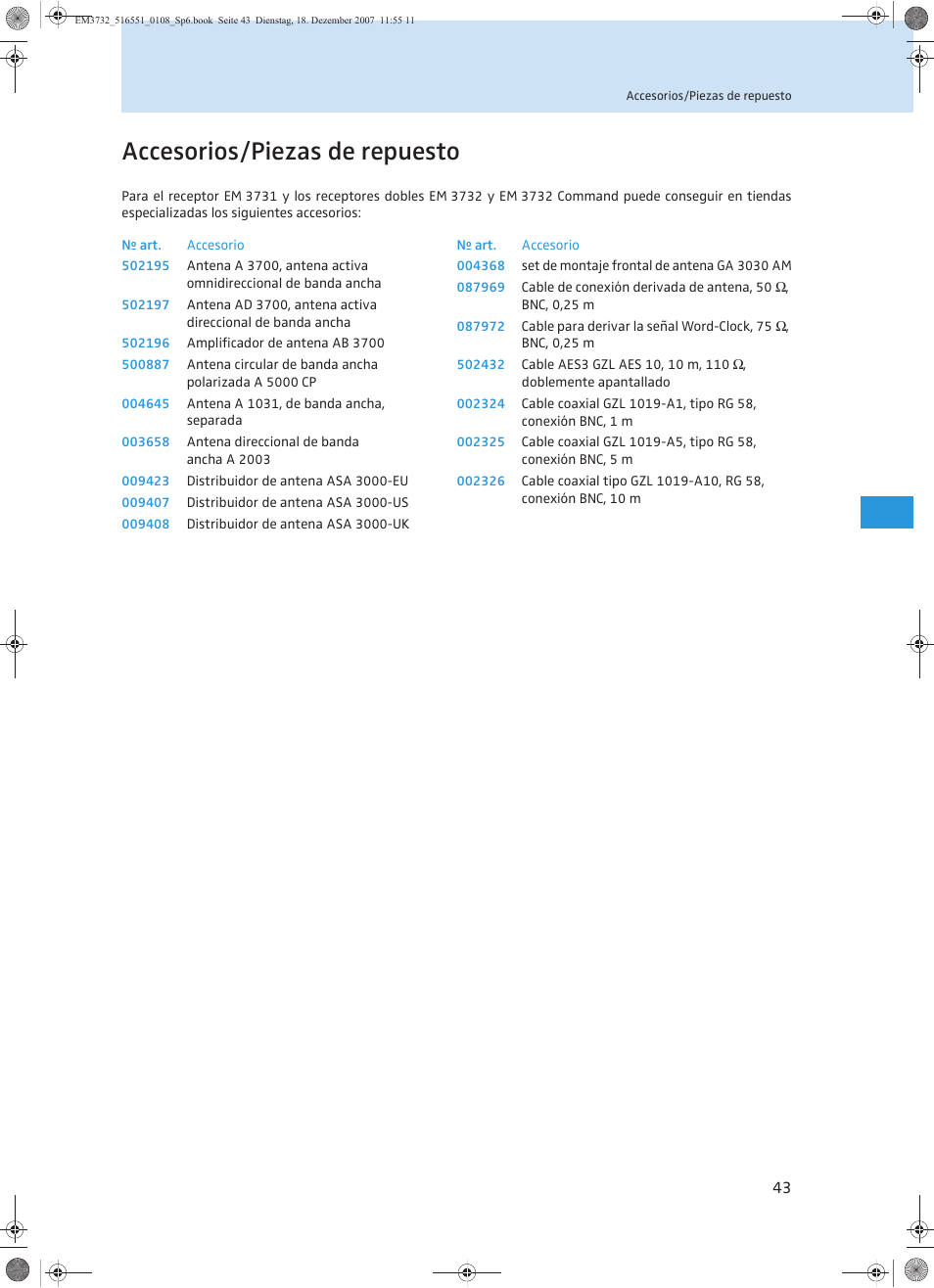 Accesorios/piezas de repuesto | Sennheiser EM 3732 User Manual | Page 223 / 269