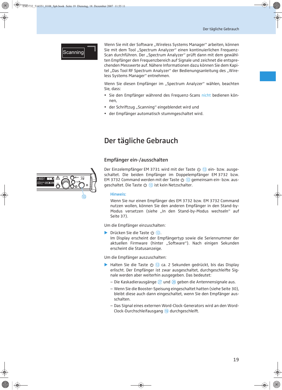 Der tägliche gebrauch, Empfänger ein-/ausschalten, Scanning | Sennheiser EM 3732 User Manual | Page 23 / 269