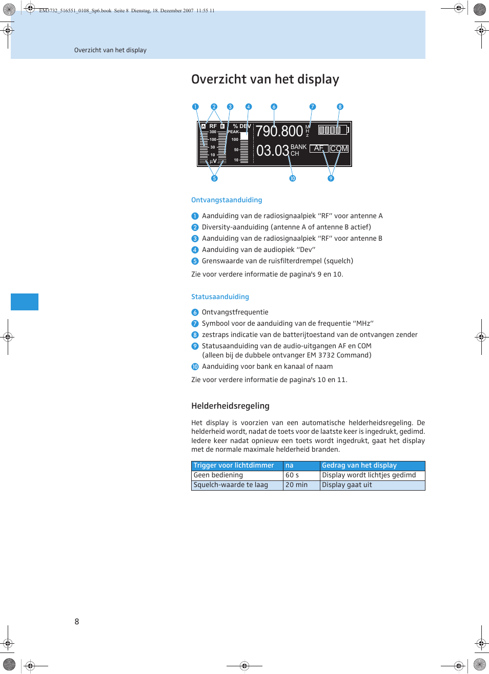 Overzicht van het display, Helderheidsregeling | Sennheiser EM 3732 User Manual | Page 232 / 269