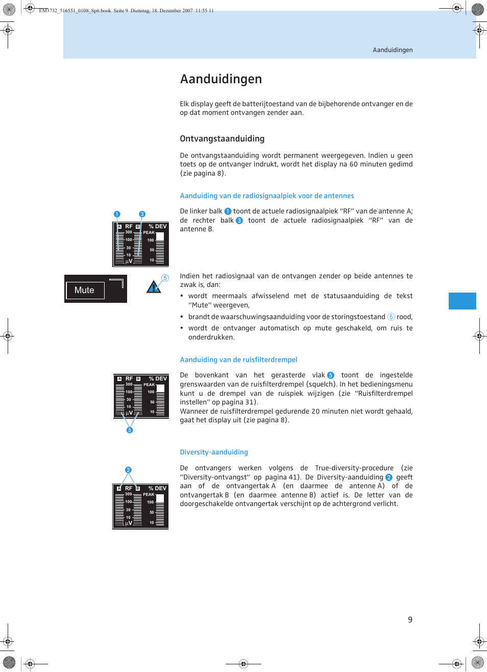 Aanduidingen, Ontvangstaanduiding, Mute | Sennheiser EM 3732 User Manual | Page 233 / 269