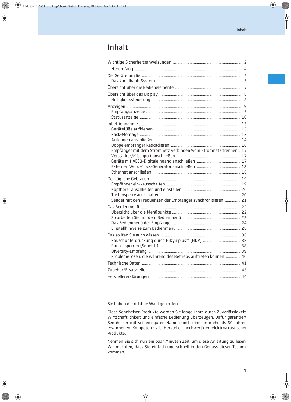 Inhalt | Sennheiser EM 3732 User Manual | Page 5 / 269