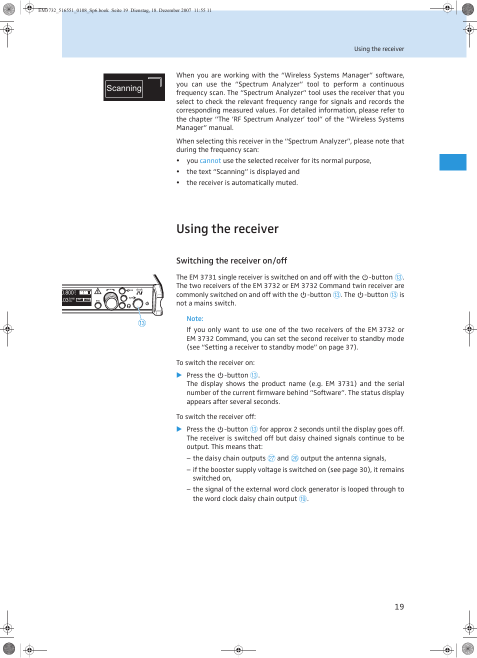 Using the receiver, Switching the receiver on/off, Scanning | Sennheiser EM 3732 User Manual | Page 67 / 269