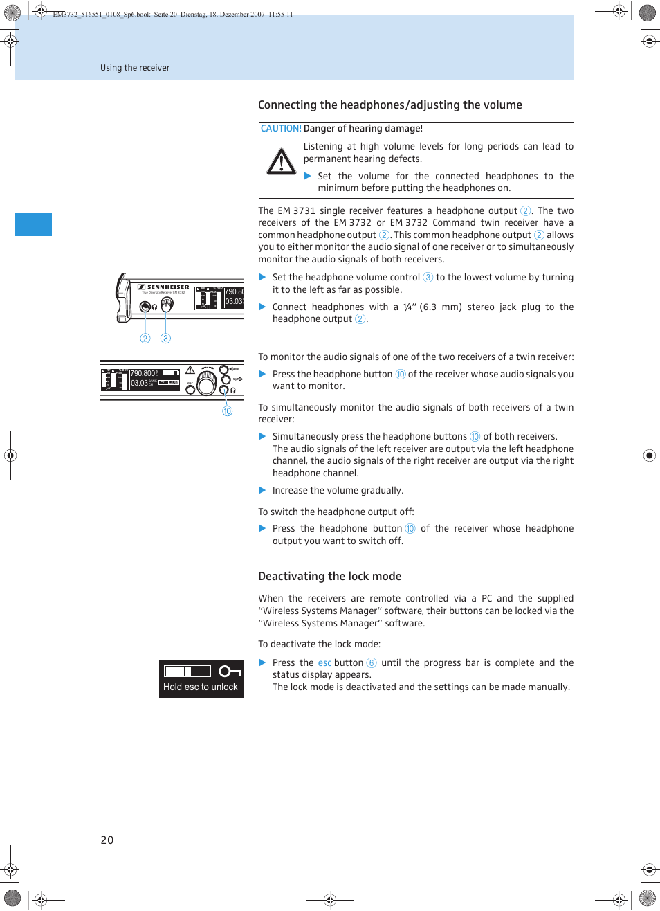 Connecting the headphones/adjusting the volume, Deactivating the lock mode, This common headphone output | Hold esc to unlock | Sennheiser EM 3732 User Manual | Page 68 / 269