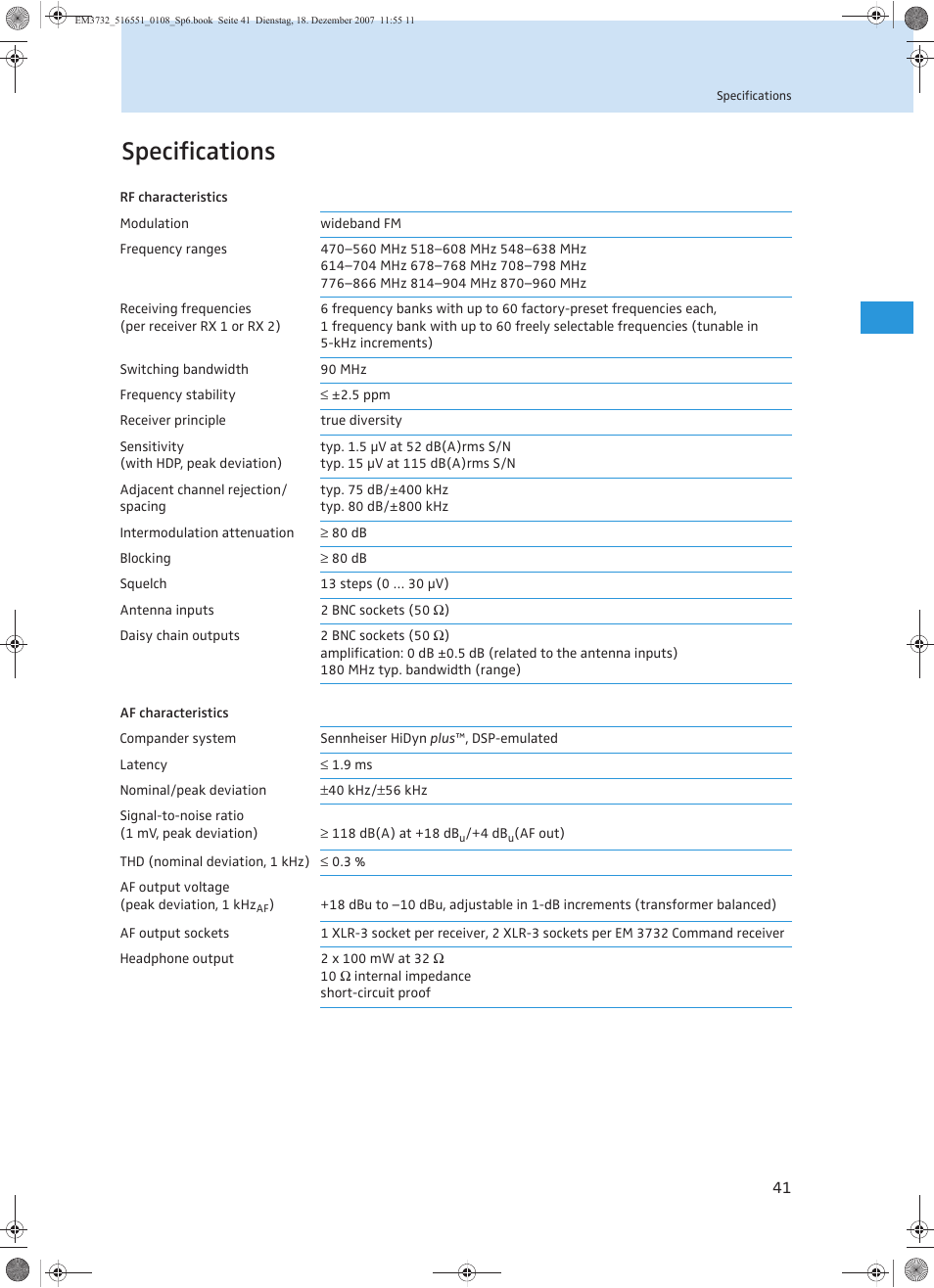 Specifications | Sennheiser EM 3732 User Manual | Page 89 / 269