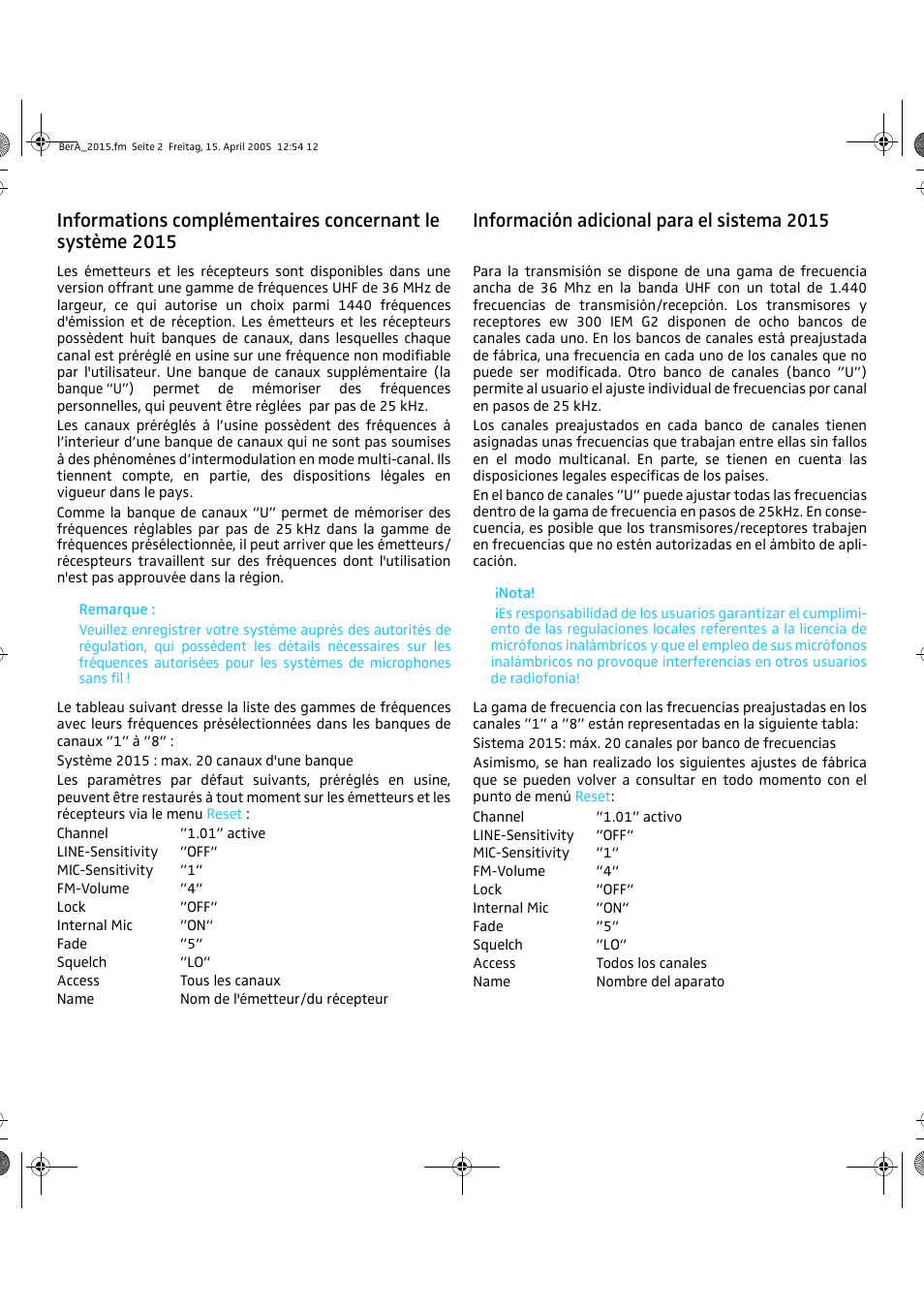 Información adicional para el sistema 2015 | Sennheiser 2015 User Manual | Page 2 / 4