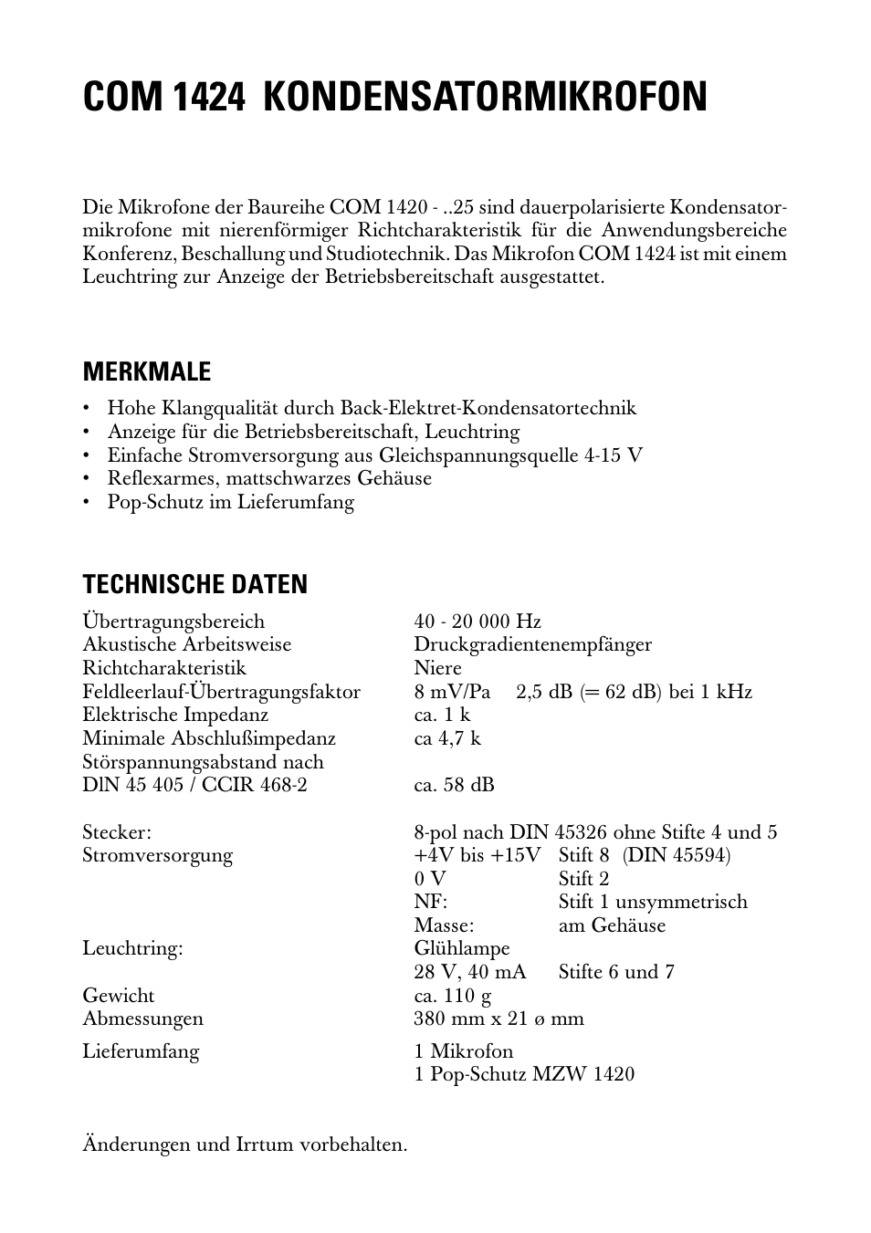 Bedienungsanleitung, Com 1424 kondensatormikrofon, Merkmale | Technische daten | Sennheiser SNAPPER 20230 User Manual | Page 2 / 8