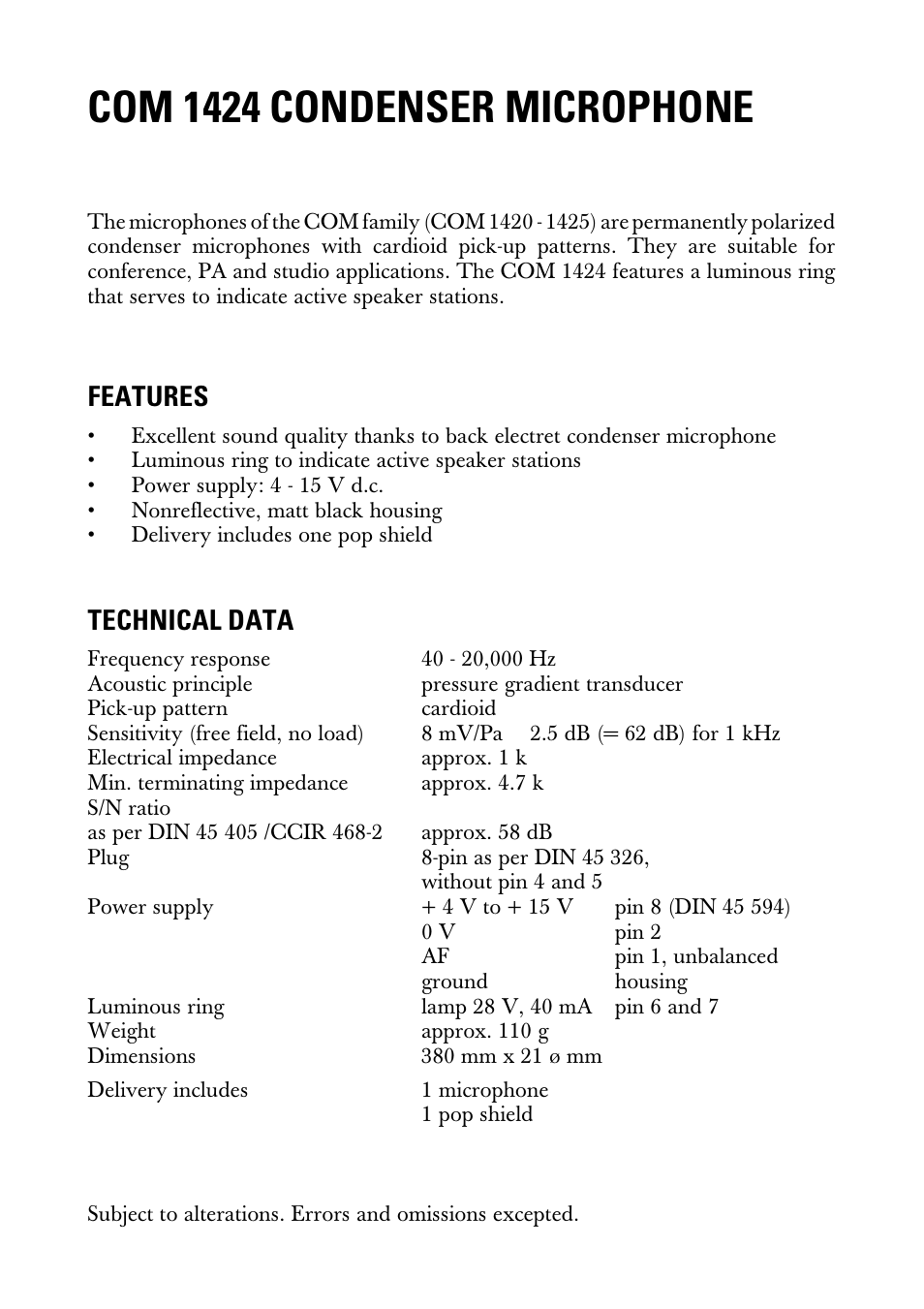 Instructions for use, Com 1424 condenser microphone, Features | Technical data | Sennheiser SNAPPER 20230 User Manual | Page 3 / 8