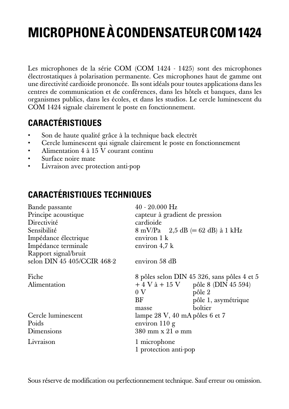 Notice d'emploi, Microphone à condensateur com 1424, Caractéristiques | Caractéristiques techniques | Sennheiser SNAPPER 20230 User Manual | Page 4 / 8