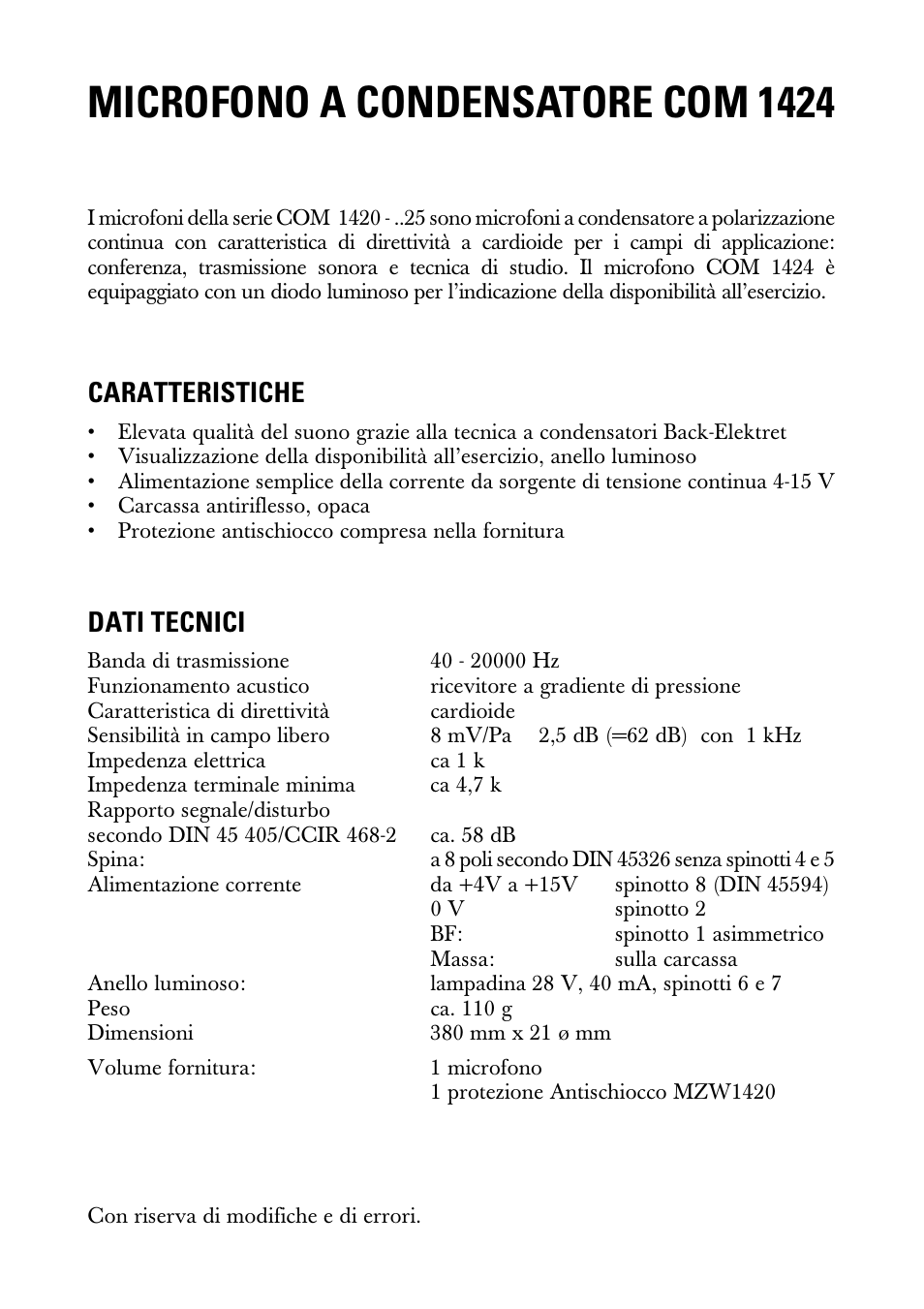 Istruzioni per l'uso, Microfono a condensatore com 1424, Caratteristiche | Dati tecnici | Sennheiser SNAPPER 20230 User Manual | Page 5 / 8