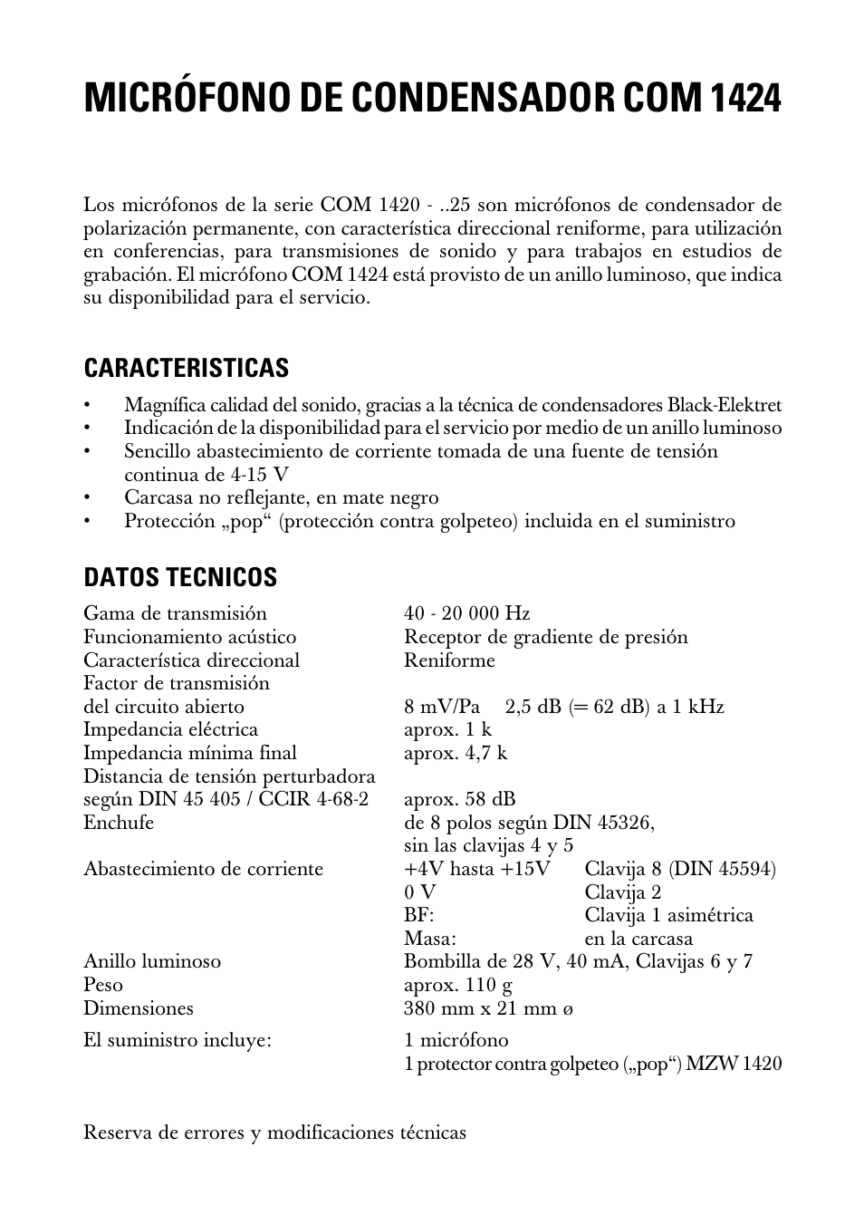 Instrucciones para el uso, Micrófono de condensador com 1424, Caracteristicas | Datos tecnicos | Sennheiser SNAPPER 20230 User Manual | Page 6 / 8