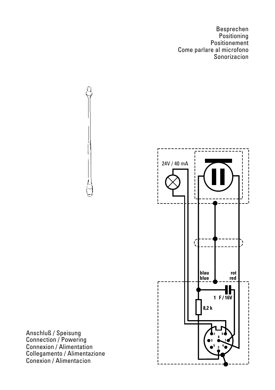 Besprechen, Anschluß / speisung, Positioning | Connection / powering, Positionement, Connexion / alimentation, Come parlare al microfono, Collegamento / alimentazione, Sonorizacion, Conexion / alimentacion | Sennheiser SNAPPER 20230 User Manual | Page 7 / 8