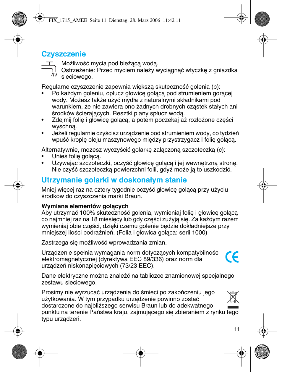 Czyszczenie, Utrzymanie golarki w doskona∏ym stanie | Braun 1715 User Manual | Page 10 / 41