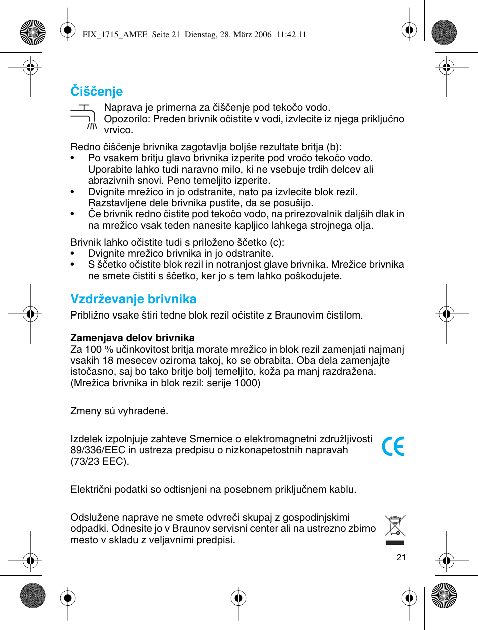 Âi‰ãenje, Vzdrïevanje brivnika | Braun 1715 User Manual | Page 20 / 41